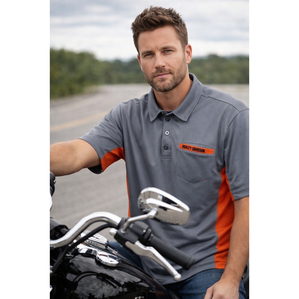 Harley-Davidson Mens Gray Orange Colorblock Performance Polo Shirt Large El Paso